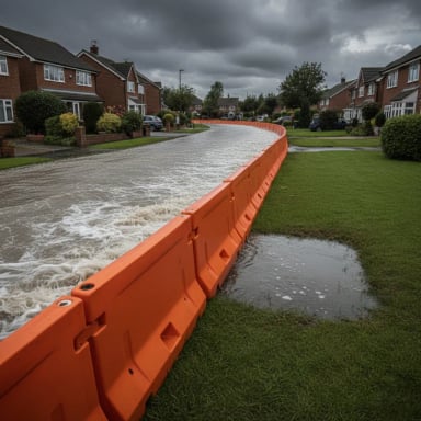 Flooding in residential area with orange barriers