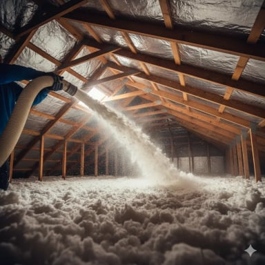 Insulation installation in an attic by worker