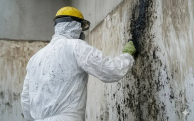 Worker cleaning mold from wall