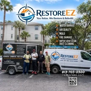 Restoration services team in front of branded van and trailer