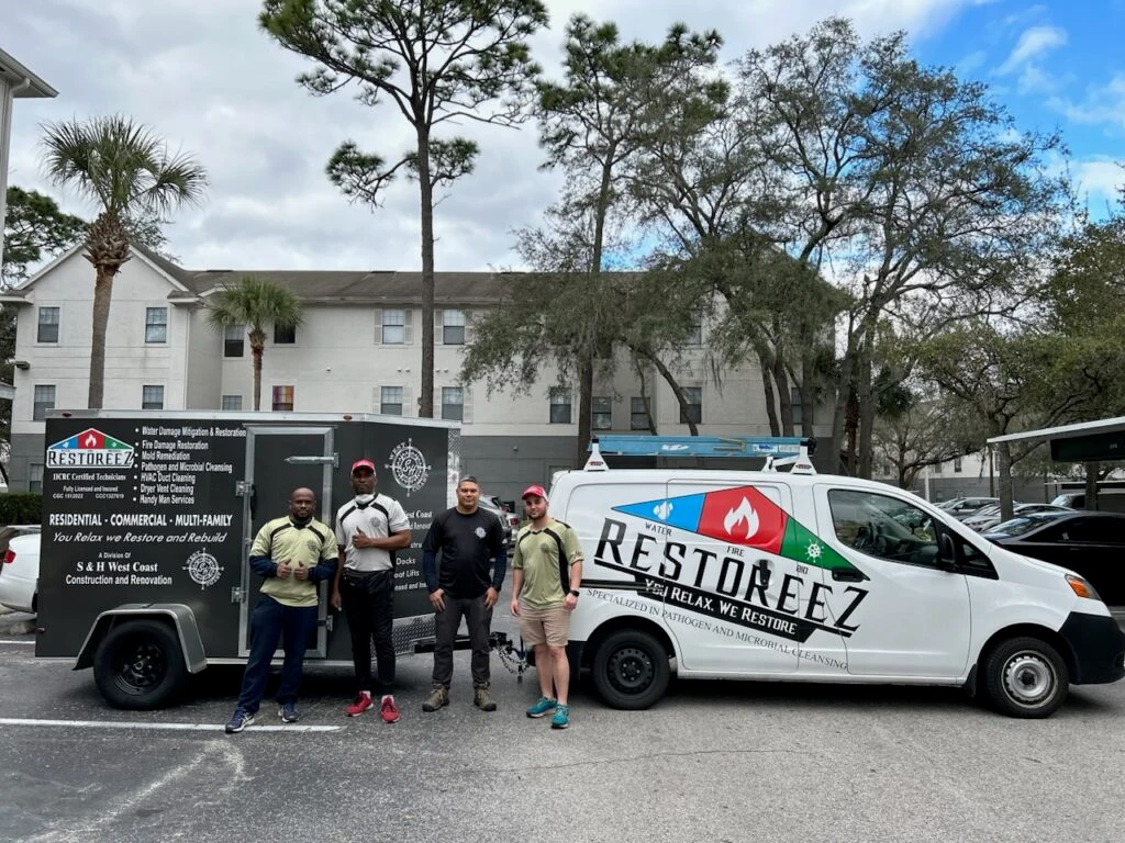 Team from Restoreez standing next to service vehicle and trailer.